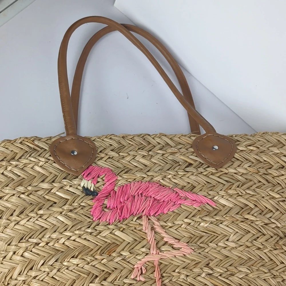 CROWN & IVY Woven Straw Moroccan Pink Flamingo Beach Tote Bag